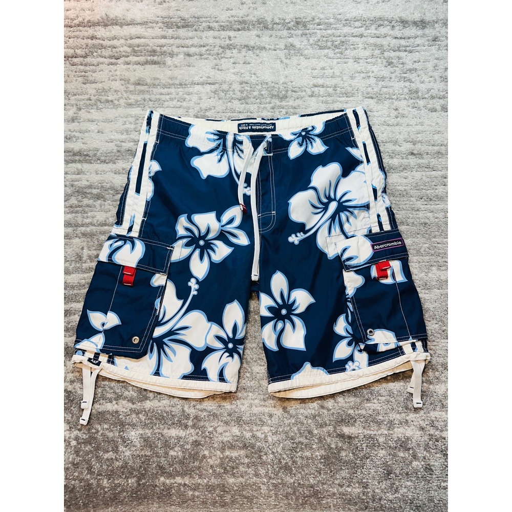 VTG Abercrombie & Fitch Board Shorts Mens 36 Hibiscus Floral Cargo Swim Trunks
